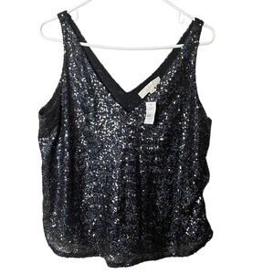 LOFT Women's Sequin Sleeveless V front Detail Shell Blouse Sz M
